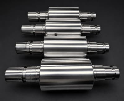 Four finished rolls with machined necks, stacked on a dark background
