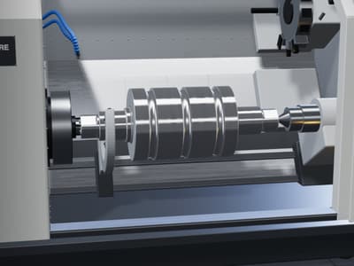 3D view of a finished grooved roll in a slant-bed CNC lathe