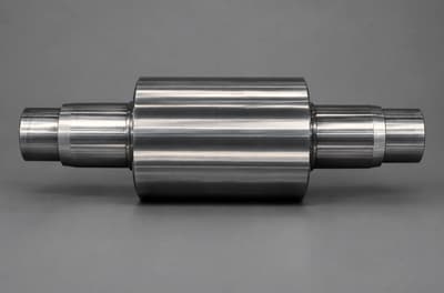 A machined high speed steel roll with stepped necks on a grey background