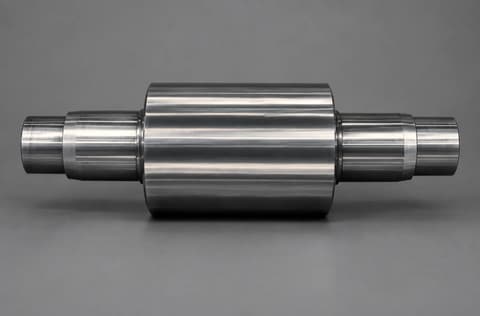 A machined high speed steel roll with stepped necks on a grey background