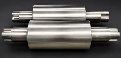 A pair of machined metal rolls on a dark background