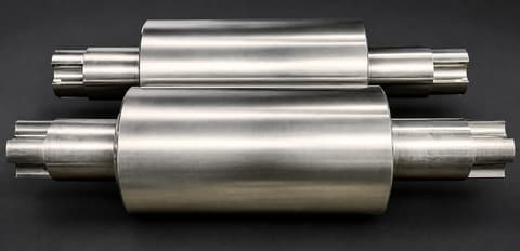 A pair of machined metal rolls on a dark background
