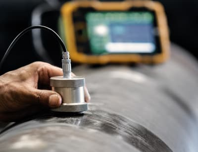 Hardness probe on a roll barrel with the reading on the tester screen