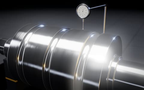 3D view of a finished grooved roll on V-blocks, checked with a dial gauge